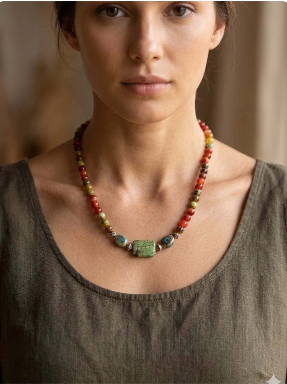 Boho 23 Inch Earth Tone Multicolor Jasper & Agate Statement Necklace, Sterling